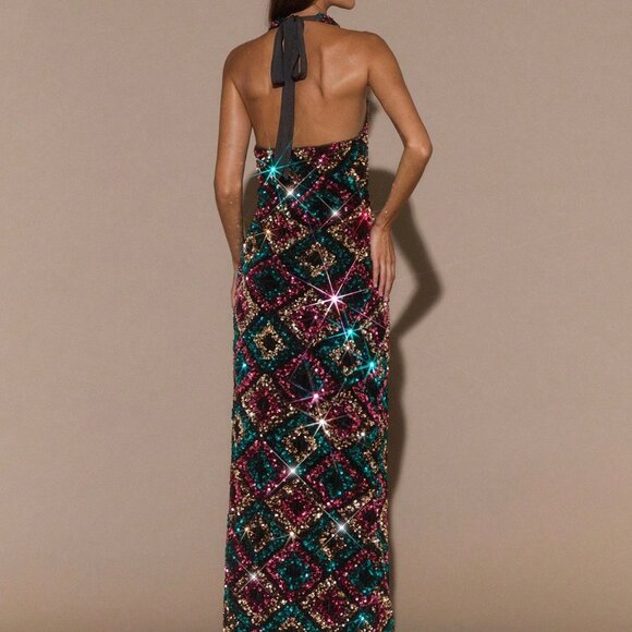 Black Elegant Women's Sequin Plunging Neck Backless Cocktail Dress - Picture 7 of 7